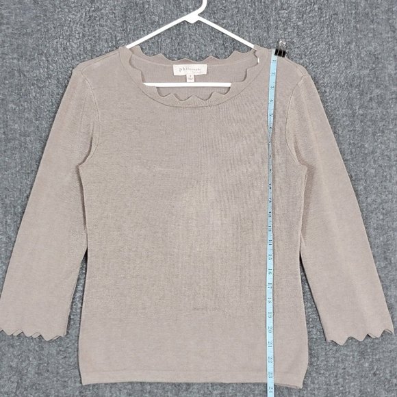 Philosophy Sweater Womens Small Taupe Brown Knit 3/4 Sleeve Scalloped Pullover - Picture 3 of 14